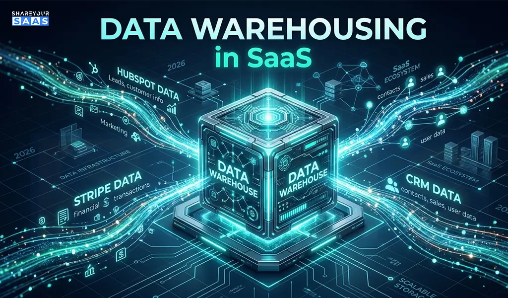 Data warehousing in SaaS architecture visualization showing centralized cloud data streams