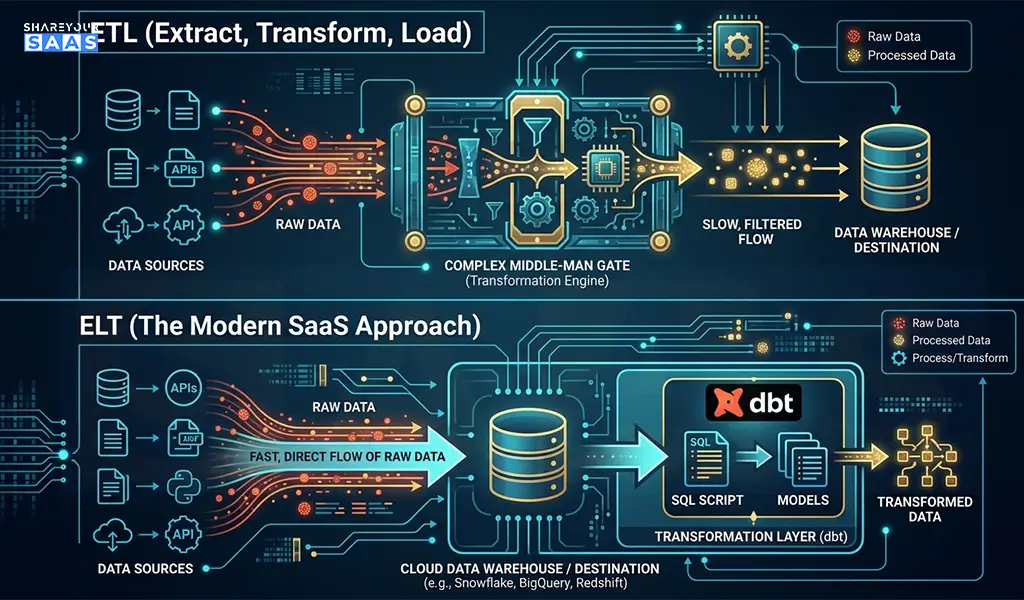Comparison diagram of ETL vs ELT modern data warehousing in SaaS approach