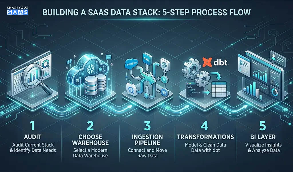 Step-by-step flowchart for building a SaaS data warehouse stack in 2026