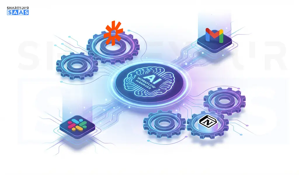 Visual representation of Zapier and AI agents connecting business apps.