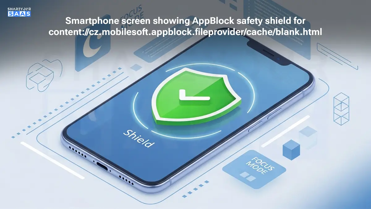 Smartphone screen showing AppBlock safety shield for content://cz.mobilesoft.appblock.fileprovider/cache/blank.html