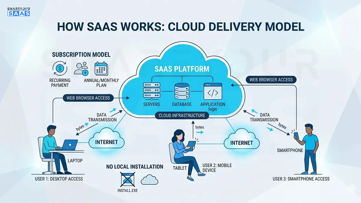Diagram showing how SaaS software works via cloud delivery model
