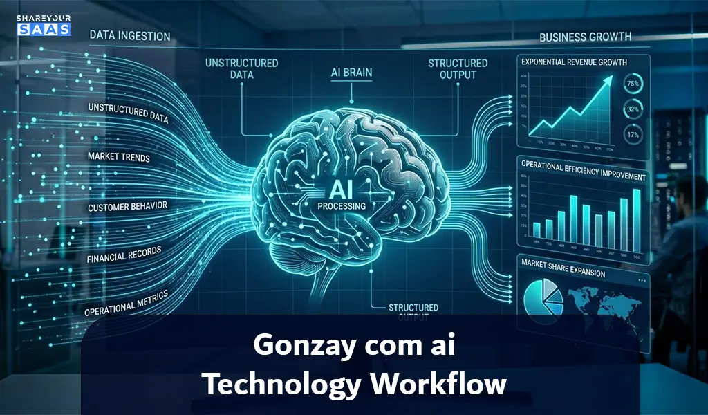 A conceptual workflow diagram demonstrating practical AI applications and data processing by gonzay com ai technology