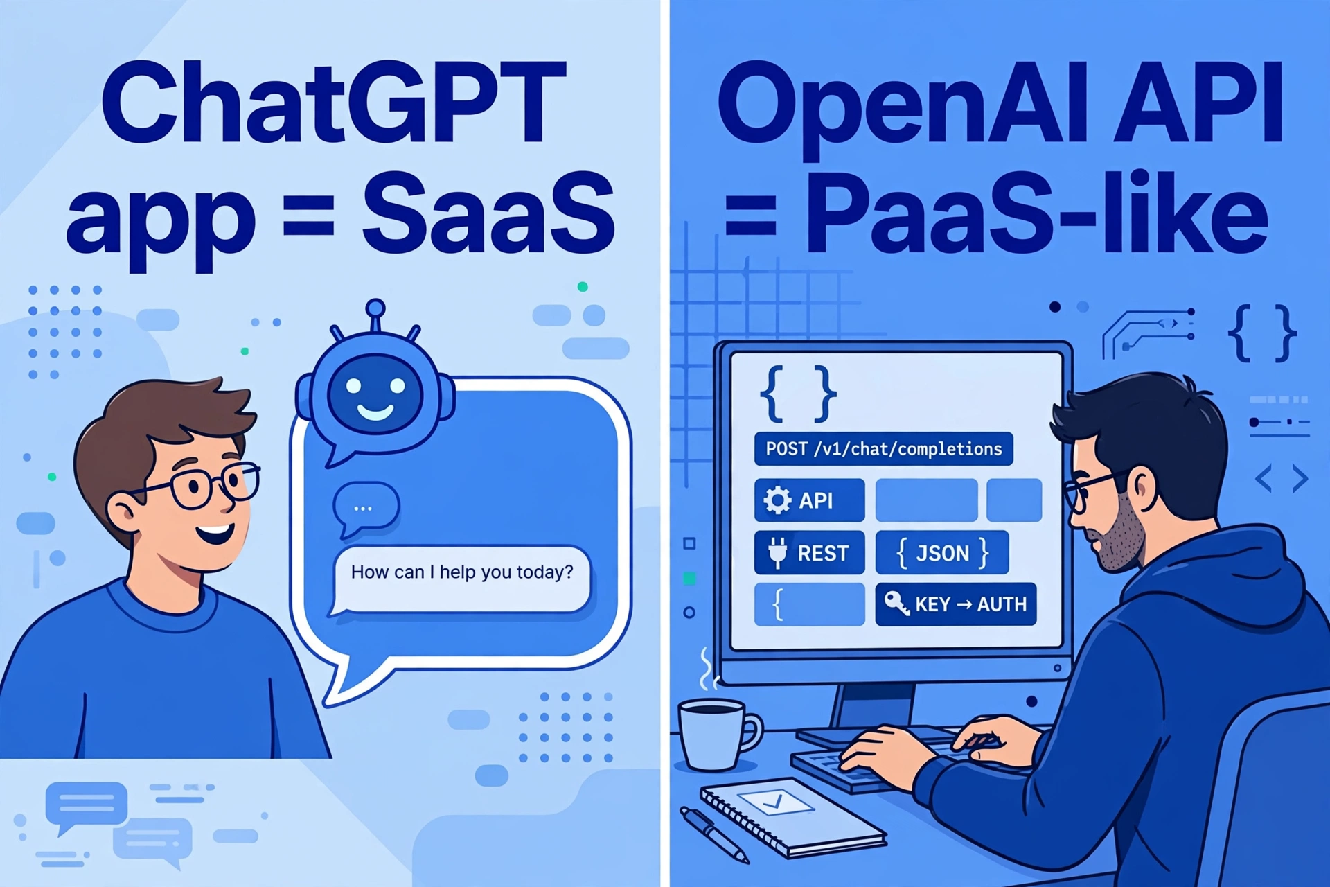 Side-by-side comparison of the ChatGPT app as SaaS and the OpenAI API as PaaS-like