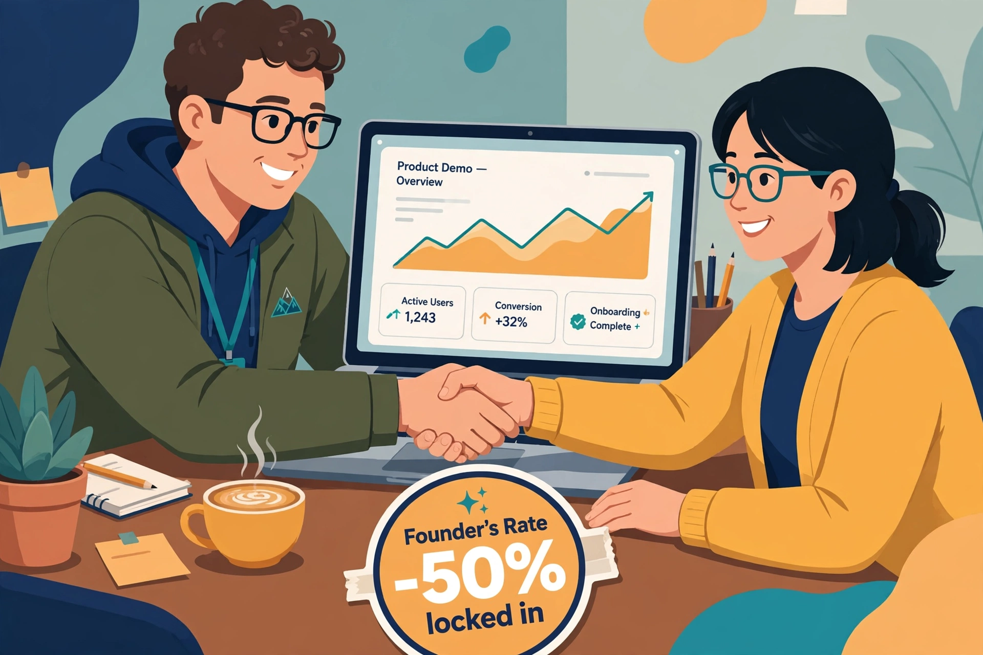 Founder onboarding an early customer with Founder's Rate 50 percent discount locked in badge