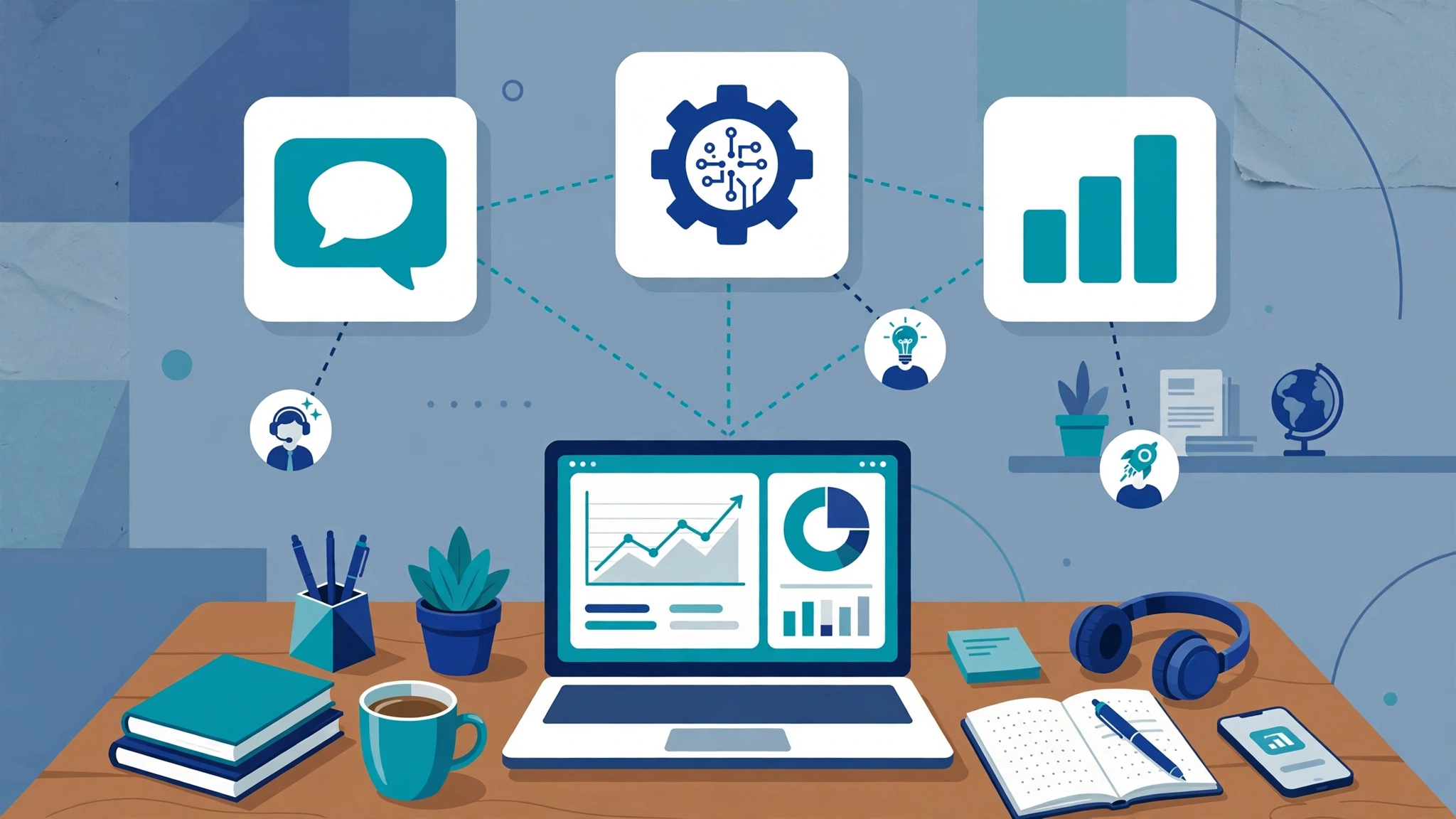 Best AI SaaS tools for small startups: founder's desk with AI dashboard and connected AI app icons