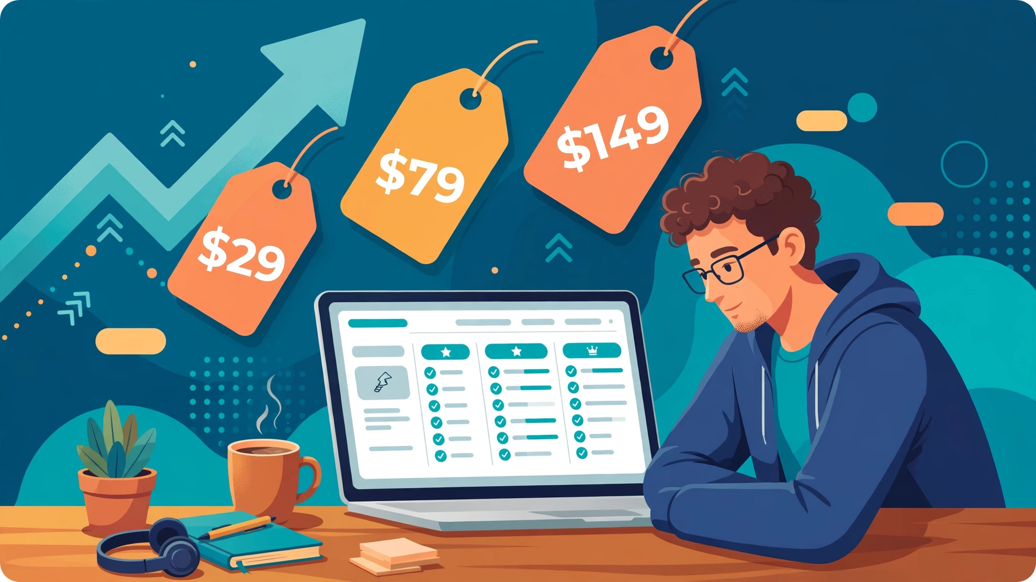 SaaS founder setting early-customer pricing on a laptop with $29, $79 and $149 price tags and growth arrow — SaaS pricing strategy guide