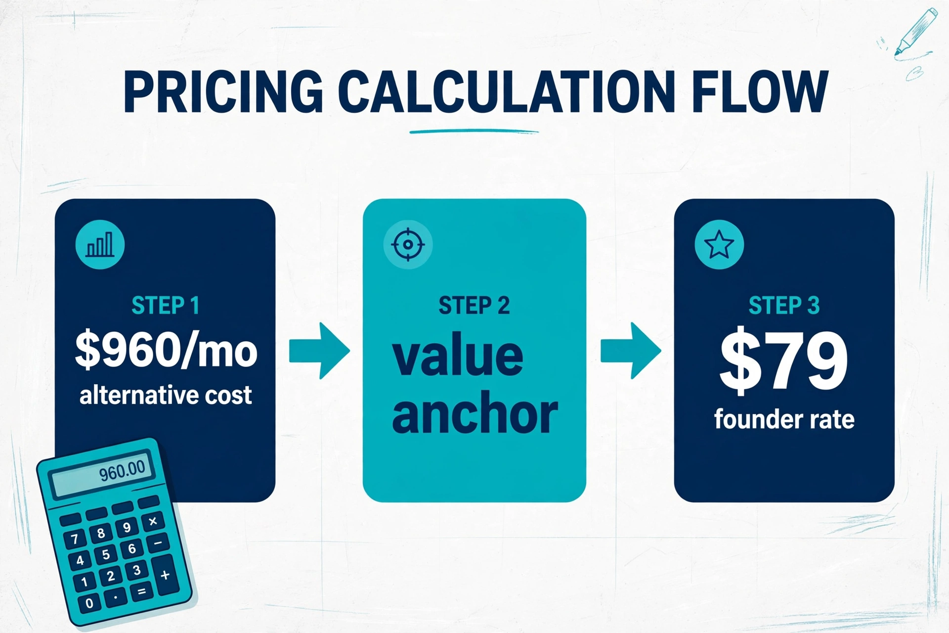 Three-step pricing calculation flow from $960 per month alternative cost to $79 founder rate