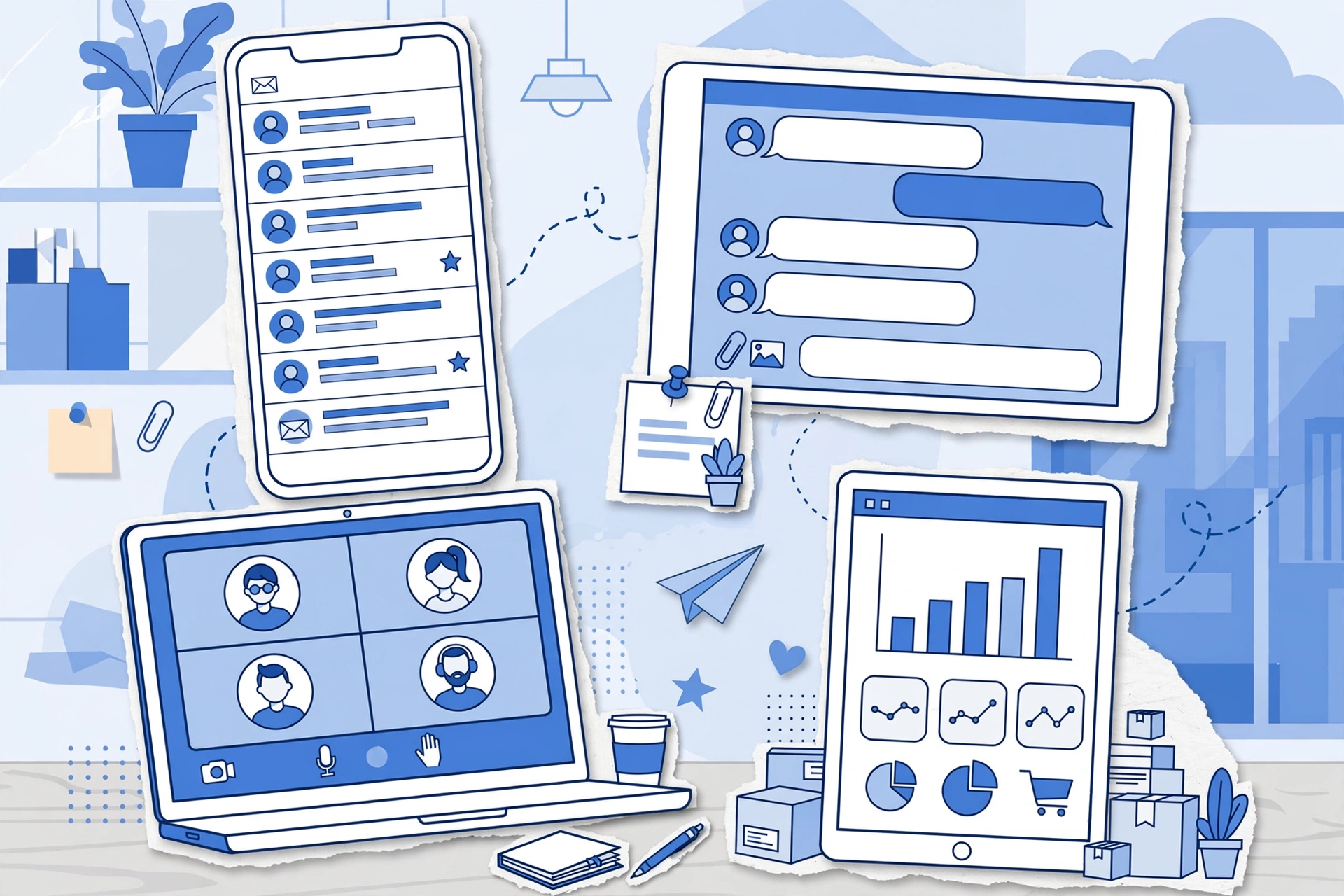 Small business team using SaaS tools such as email, team chat, video meetings and an online store on laptop, phone and tablet