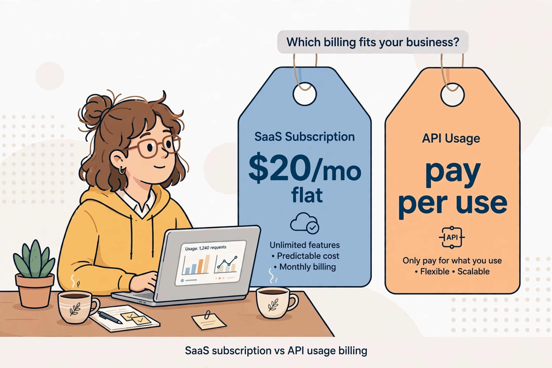 Small business owner comparing flat $20 per month SaaS pricing versus pay-per-use API pricing