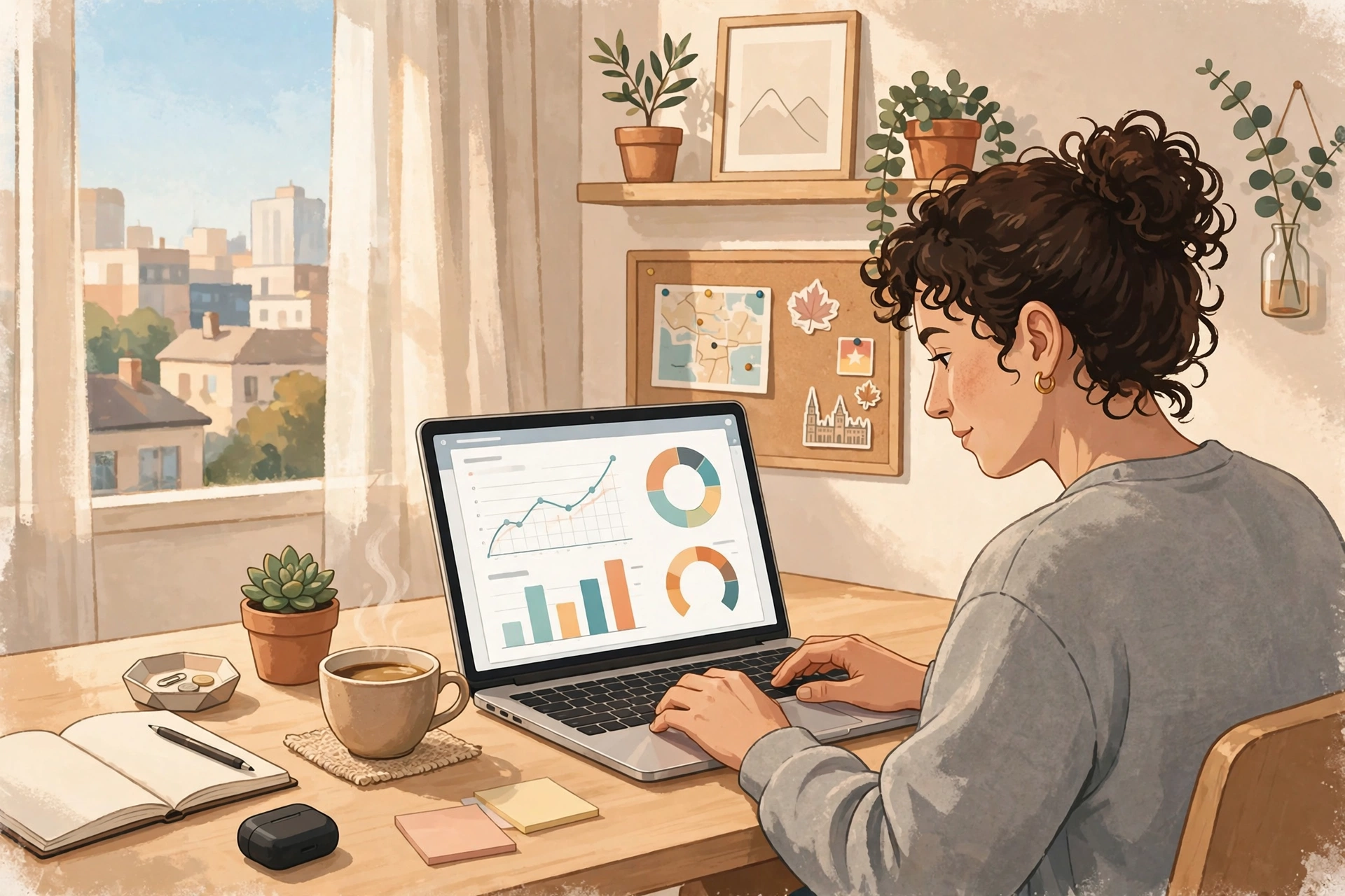 Small business founder working on SaaS dashboards at a bright home-office desk